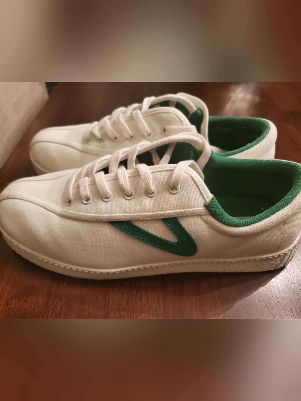 Tretorn Women's White Canvas Sneakers with Green Accent